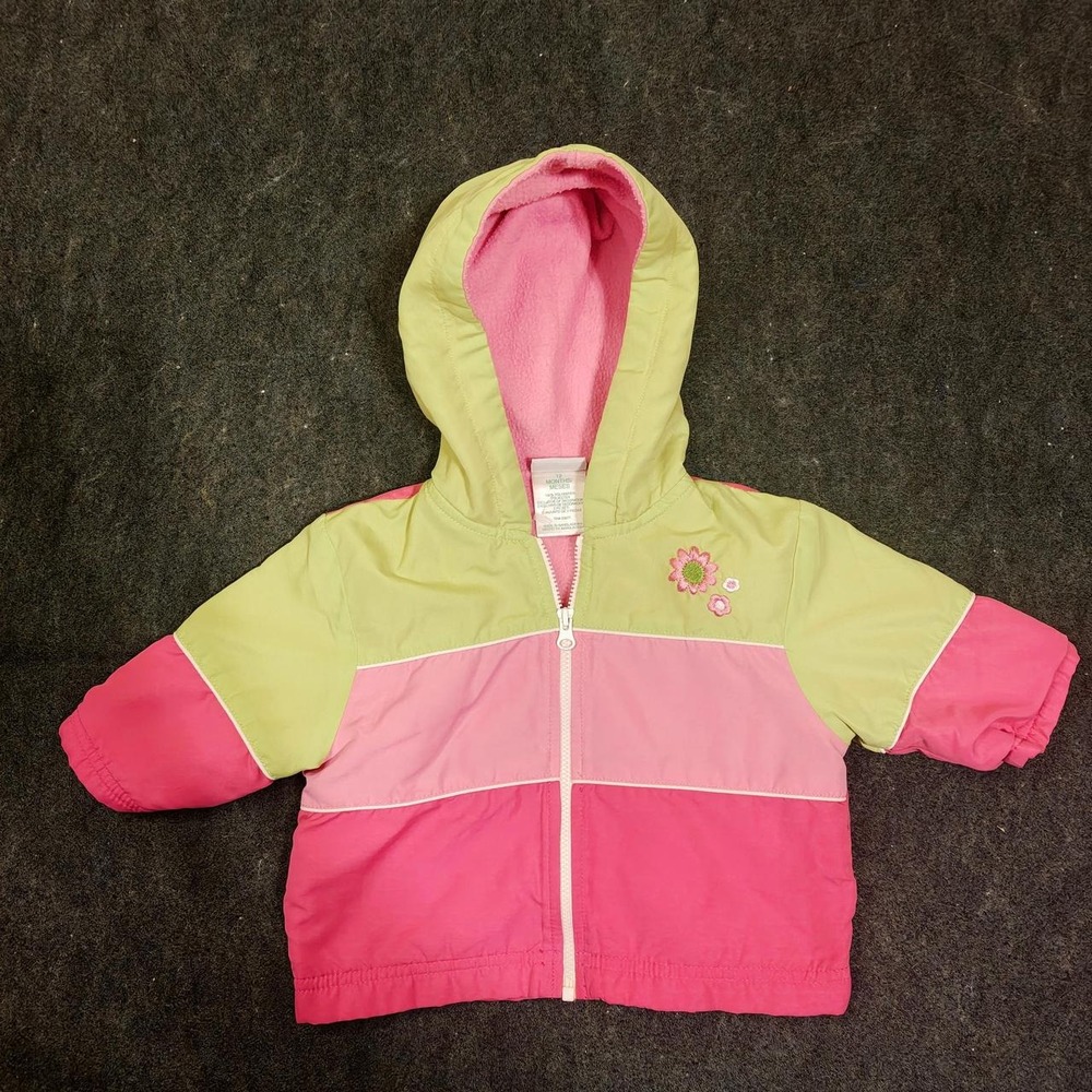 Okie Dokie Baby Girls Pink Yellow Colorblock Fleece Lined Rain Jacket Hooded 12M